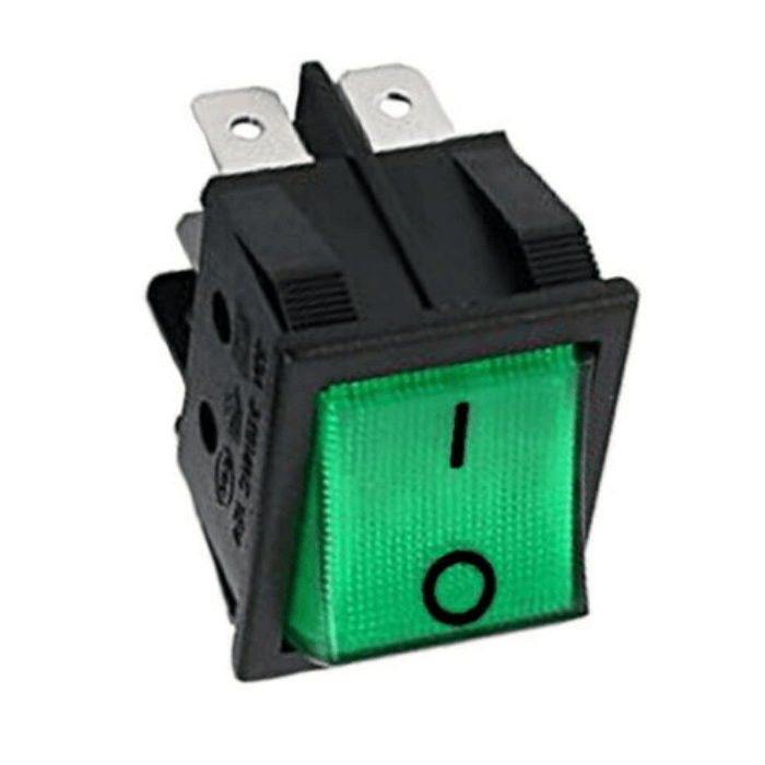 Interruttore bipolare a tasto luminoso verde, snap-in 22x30 con simboli O/I.